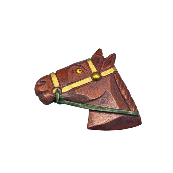 Vintage Wooden Horse Head Brooch Pin Hand Carved Collectible Animal Jewelry - Picture 1 of 7